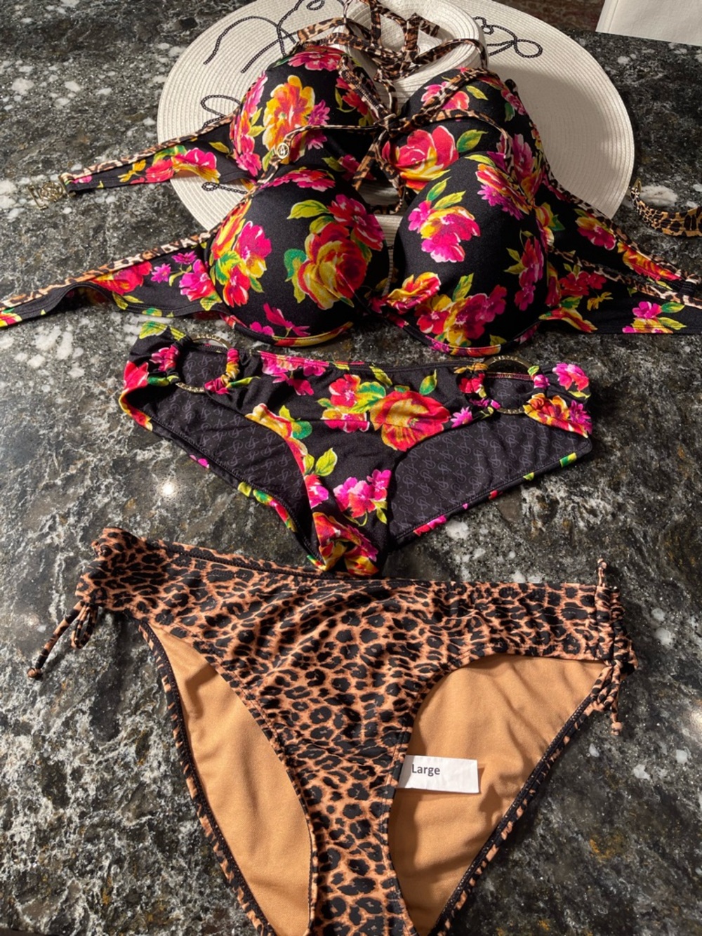 Vintage floral leopard VS bikini push-up 38D OR 34DD and various bottoms
